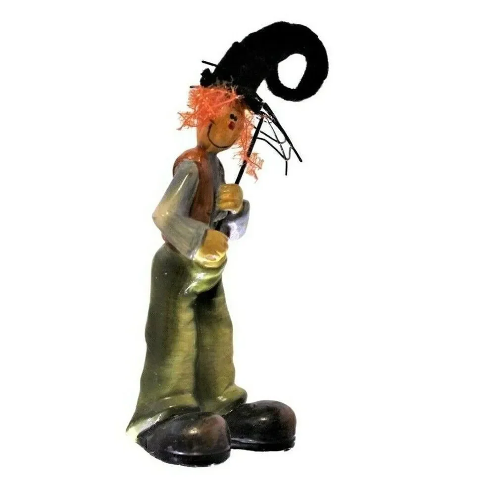 Clown Pumpkin Head Figurine Primitive Vintage Resin Shabby Umbrella & Fuzzy Hair